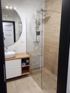a bathroom with a shower with a sink and a mirror at Nowoczesny Apartament Królowej Jadwigi in Radom