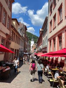 eine Gruppe von Menschen, die eine Straße mit Gebäuden entlang gehen in der Unterkunft Best Location - Luxury Loft Riverview in Heidelberg