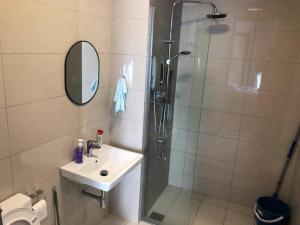 a bathroom with a shower and a sink and a mirror at New Paradigm Residence @1-3/4pax in Johor Bahru