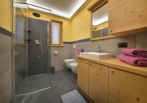 a bathroom with a shower and a sink and a toilet at Appartamenti Astra in Livigno