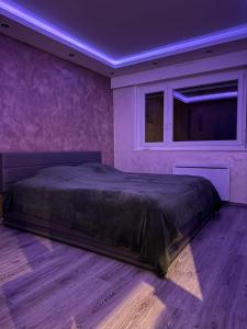 ein lila Schlafzimmer mit einem Bett und einer lila Decke in der Unterkunft My Best Vacation in Bischheim