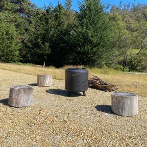 un cestino che si trova sopra tre tronchi di Little Pardalote Tiny Home Bruny Island ad Alonnah