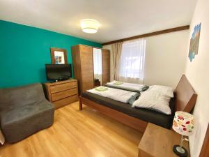 sypialnia z łóżkiem, krzesłem i telewizorem w obiekcie Chalet 3 Domky 182 w Demianowskiej Dolinie