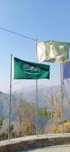 two green and white flags on the side of a mountain at Ihram Hotel And Guest House in Swat