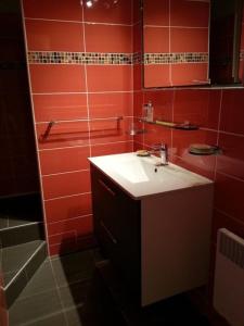 uma casa de banho vermelha com um lavatório e um chuveiro em appartement vue mer à La Madrague em Saint-Cyr-sur-Mer