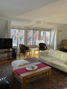 ein Wohnzimmer mit einem Sofa und einem Couchtisch in der Unterkunft Best Location - Luxury Loft Riverview in Heidelberg