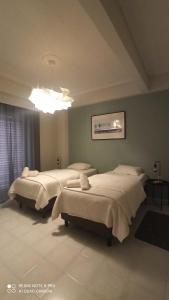 テッサロニキにあるThess Rooms Agion Panton 12の病室のベッド3台と照明