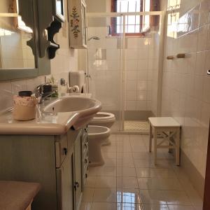 appartamento aroma في Radicondoli: حمام مع حوض ومرحاض ودش