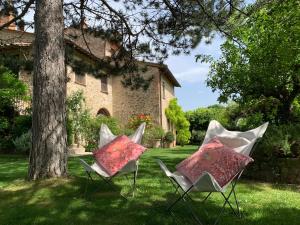 dos sillas sentadas en el césped junto a un árbol en Magnolia House, en Cetona