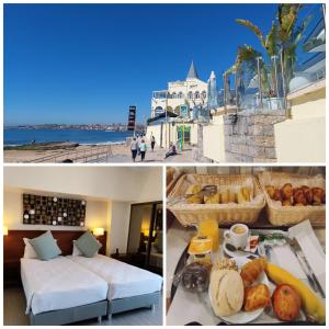 uma colagem de duas fotos de um quarto de hotel com comida em Hotel Sao Mamede em Estoril