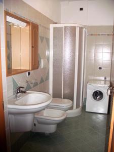サン・ヴィート・ディ・カドーレにあるAppartamenti Codànのバスルーム(トイレ、洗面台、洗濯機付)