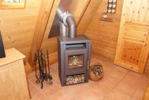 a wood stove in a room in a cabin at Zeltdachhaus mit Kamin und grosser Terrasse in Damp