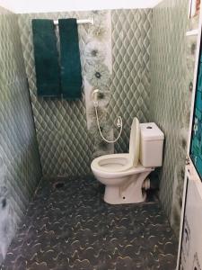 a bathroom with a toilet and green towels at Walkers hostel in Trincomalee
