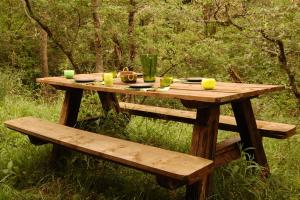 uma mesa de piquenique de madeira e um banco na relva em Apartamentos Rurales & Spa La Bárcena em Enterrias
