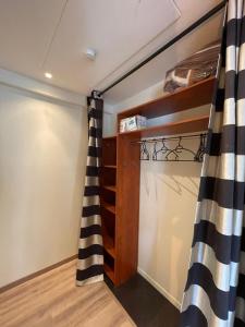 Cette chambre comprend un placard avec un rideau. dans l'établissement Loft de charme en centre-ville, à Pau
