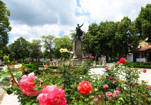a statue of a woman in a park with flowers at Black and White Apartment in Karlovo