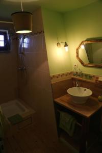 a bathroom with a sink and a mirror and a tub at Les Grandes Fontaines in La Longine