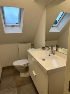 a bathroom with a sink and a toilet and a window at Den gammel togstation in Give