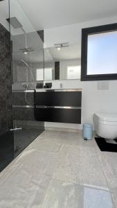 a bathroom with a toilet and a glass shower at Casa moderna Roses con piscina y jardin Mas Bosca, Roses in Palau-Saverdera