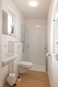 La salle de bains est pourvue d'une douche, de toilettes et d'un lavabo. dans l'établissement Hotel Hervest, à Dorsten