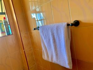 a white towel hanging on a towel rack in a shower at Comfort Studio in Nairobi