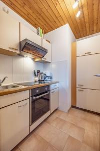 a kitchen with white appliances and a wooden ceiling at Lissis Bauernhof Appartments in Gundersheim