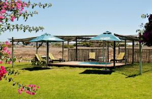 a patio with umbrellas and chairs and a pool at Tortoise Trail Lodge in Langebaan