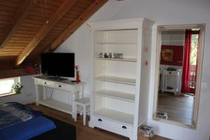 een slaapkamer met een tv en een witte boekenplank bij Bed & Breakfast Wepfer in Grüt