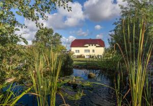ein weißes Haus mit rotem Dach neben einem Teich in der Unterkunft Haus Silbermöwe in Gager