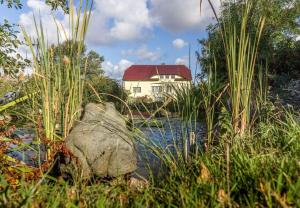 a house in the distance with a rock in front of the water at Haus Silbermöwe in Mariendorf