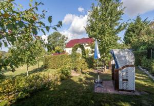 a garden with a house and a blue umbrella at Haus Silbermöwe in Mariendorf +78 photos