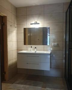 a bathroom with a sink and a mirror at KURNIK - Domek pod lasem in Sztabin