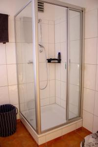 a shower with a glass door in a bathroom at City Prize Löhne Küche Balkon Parken Netflix 5 Personen in Löhne