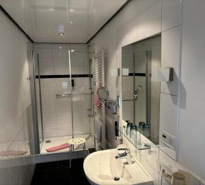y baño con lavabo y ducha con espejo. en Gästehaus Mietz, en Bad Neuenahr-Ahrweiler