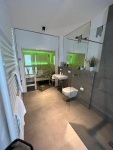 a bathroom with a mirror and a sink and a toilet at Luxus-Ferienhaus mit Saunen und großem Garten in Göhren-Lebbin