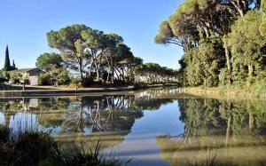 um rio com árvores e uma casa ao fundo em Au beau soleil em Villeneuve-lès-Béziers