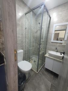 a bathroom with a shower and a toilet and a sink at زافيرو محطه الرمل للعائلات فقط - families only in Alexandria