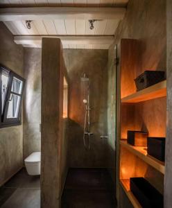 a bathroom with a shower and a toilet at Myconian Platinum Senior Villa in Kalafatis