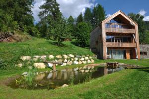 ein Haus auf einem Hügel mit einem Teich davor in der Unterkunft Smart Wood House in Tamsweg