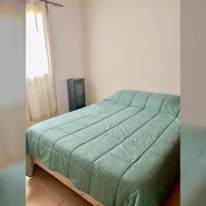 een groen bed in een kamer met een raam bij Zorzal Tempo in Esquel