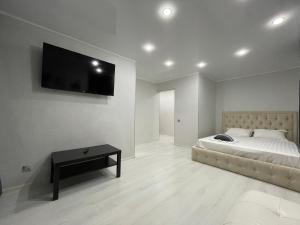 a bedroom with a bed and a flat screen tv at 1-комнатная квартира с дизайнерским ремонтов в районе Вокзала in Petropavlovsk