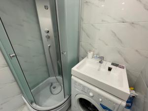y baño con ducha, lavabo y lavadora. en 1-комнатная квартира с дизайнерским ремонтов в районе Вокзала en Petropavlovsk