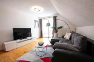 a living room with a couch and a flat screen tv at FeWo 03 im Carré Charlott in Pulsnitz