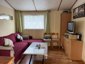 ein Wohnzimmer mit einem lila Sofa und einem Tisch in der Unterkunft mobil-home 4/6 pers in Les Moutiers-les-Mauxfaits