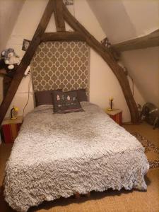 a bedroom with a large bed in a attic at Chaumière du Château d'ô et sa mini ferme ,Gite 21couchages in Goupillières