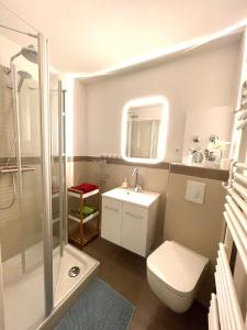 La salle de bains est pourvue d'une douche, de toilettes et d'un lavabo. dans l'établissement City Apartment 09, à Itzehoe