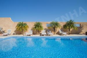 una piscina con tumbonas y palmeras en Casa Carinha, en Lagos