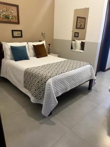 una camera da letto con un grande letto con cuscini sopra di Diamante Palace Hotel a Diamantina