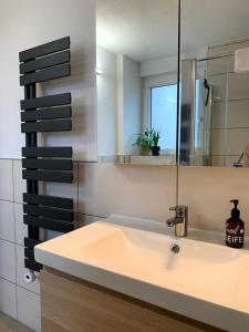 ein Bad mit einem Waschbecken und einem Spiegel in der Unterkunft Ferienwohnung Elzblick in Rust