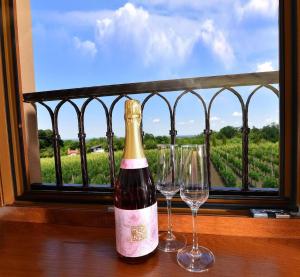 a bottle of champagne and two wine glasses on a table at Apartmani Lucija in Ludbreg +28 photos